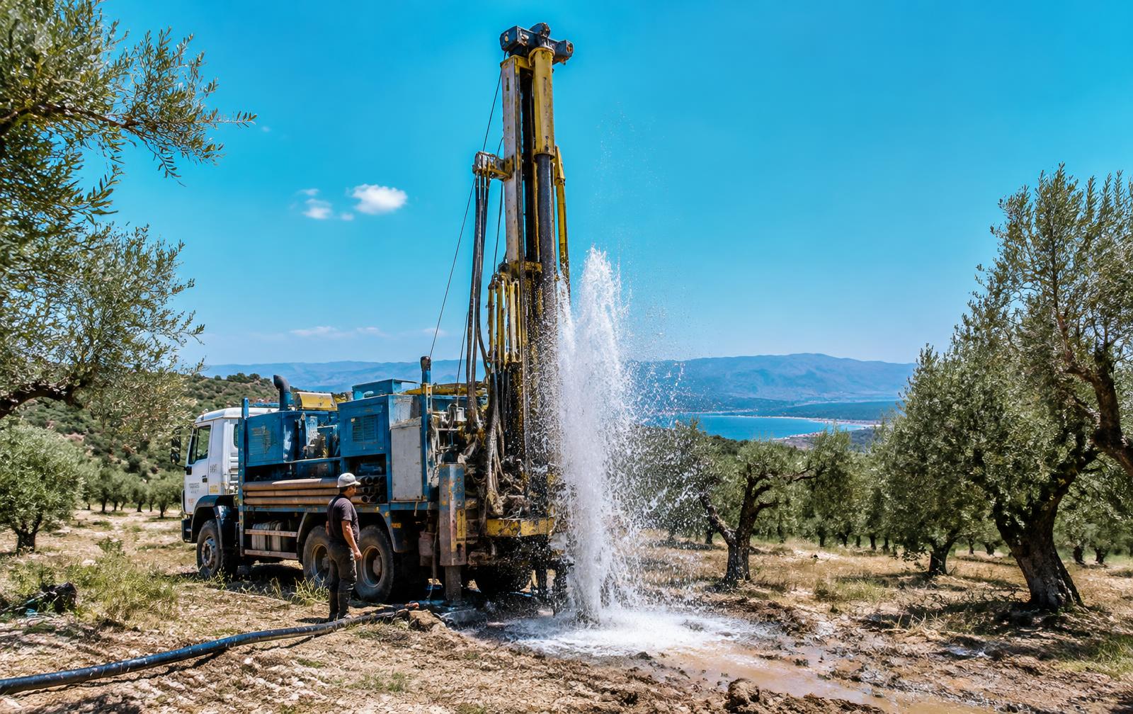 Zeytinlik arazide su sondajı makinesi ve kuyudan fışkıran su